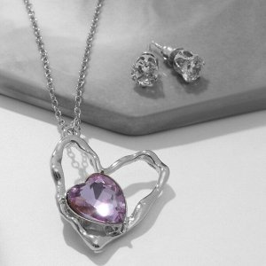 Гарнитур 2 предмета: серьги, кулон «Сердце» дуэт, цвет бело-розовый в серебре, 40 см