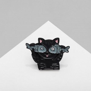 Значок «Кот» с рыбами, цвет чёрно-серый чёрном металле