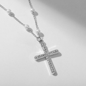 Кулон на декоративной основе «Жемчужина» блестящий крест, цвет белый в серебре, 33 см