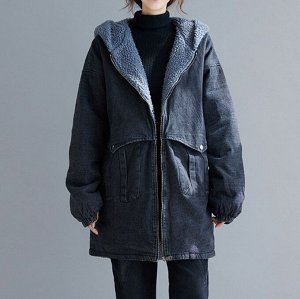 Зимняя джинсовая куртка с капюшоном, утепленная шерпой, черный