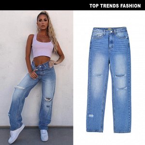 Женские широкие синие джинсы с дырками