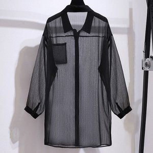 Женская прозрачная рубашка с длинными рукавами и накладным карманом, свободного кроя, черный