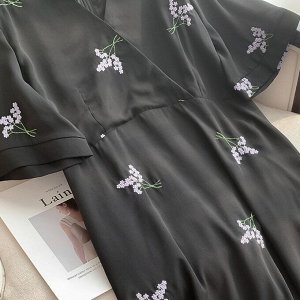 Женское платье с короткими рукавами и V-образным вырезом, с вышитым принтом, черный