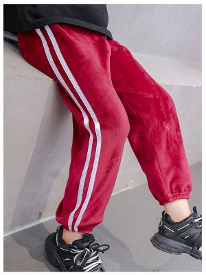 Детские утеплённые спортивные брюки с продольными полосками, на резинке, цвет красный