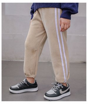 Детские утеплённые спортивные брюки с продольными полосками, на резинке, цвет бежевый