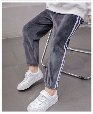 Детские утеплённые спортивные брюки с продольными полосками, на резинке, цвет серый