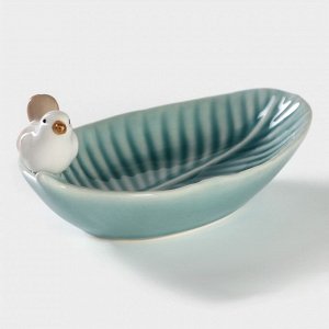 Блюдо керамическое сервировочное «Птичка на листочке», 15,5x8,5 см, цвет голубой
