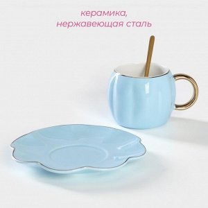 Чайная пара керамическая «Цветок», 3 предмета: чашка 240 мл, блюдце d=16 см, ложка, цвет голубой