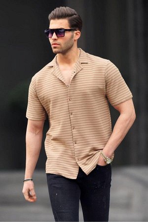 Мужская рубашка в светло-коричневую полоску с коротким рукавом 6703