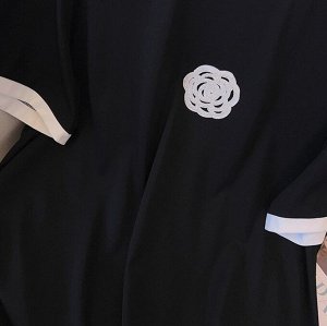 Женский костюм-двойка (футболка + брюки), с нашивным цветочным принтом, черный