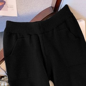 Женский вязаный костюм-двойка: кофта с капюшоном + брюки, черный