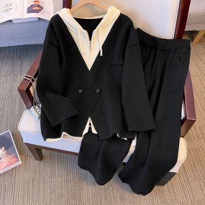 Женский вязаный костюм-двойка: кофта с капюшоном + брюки, черный