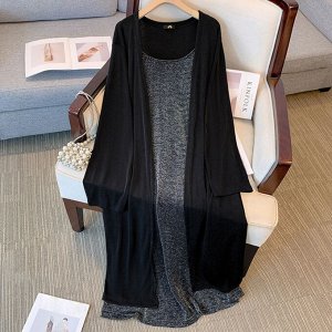 Женский комплект: длинное платье на бретелях + удлиненный кардиган, черный/темно-серый