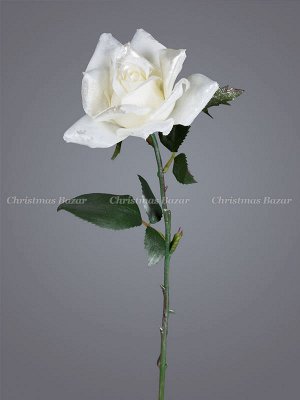 Роза бело-серебряная на зеленом стебле с листочками, 52 см