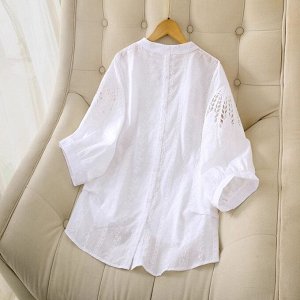 Женская блуза с V-образным вырезом и перфорацией, с вышитым принтом, белый