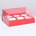 Коробка для 6 капкейков 23,5 х 16 х 10 , Красная, кондитерская упаковка