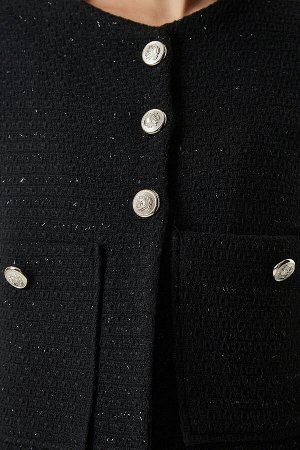 Женская черная стильная тканая куртка с широкими карманами OH00055