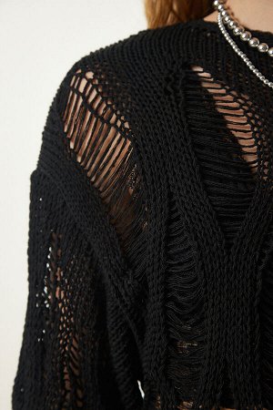 Женский черный сезонный ажурный вязаный свитер с вырезом «лодочка» MW00134