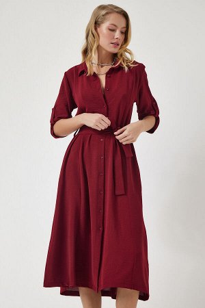 Женское бордовое платье-рубашка с поясом DD01256