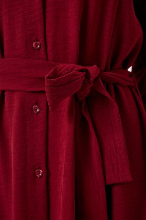 Женское бордовое платье-рубашка с поясом DD01256