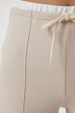 Женские трикотажные брюки кремового цвета с завязками RV00157