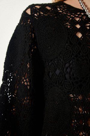 Женская черная кружевная трикотажная сезонная блузка из трикотажа ES00142