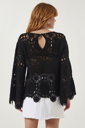 Женская черная кружевная трикотажная сезонная блузка из трикотажа ES00142
