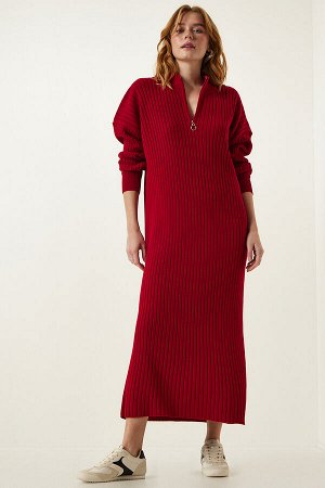 Женское красное трикотажное платье оверсайз в рубчик DD01251