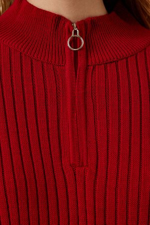happinessistanbul Женское красное трикотажное платье оверсайз в рубчик DD01251