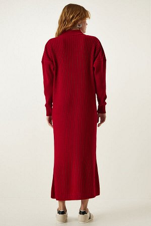 happinessistanbul Женское красное трикотажное платье оверсайз в рубчик DD01251
