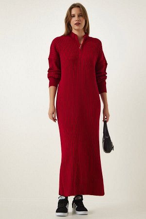 Женское красное длинное трикотажное платье в рубчик с воротником-молнией DD01295