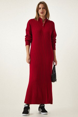 Женское красное длинное трикотажное платье в рубчик с воротником-молнией DD01295