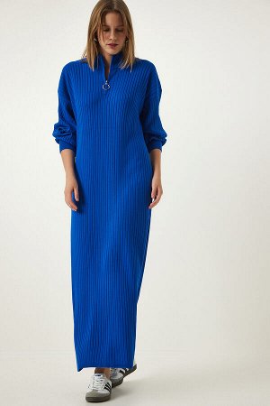 Женское синее длинное трикотажное платье в рубчик с воротником-молнией DD01295
