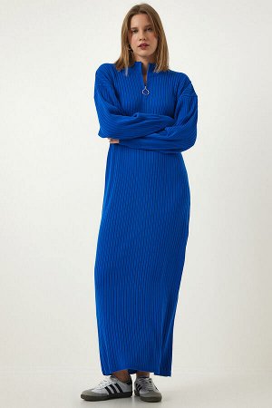 Женское синее длинное трикотажное платье в рубчик с воротником-молнией DD01295