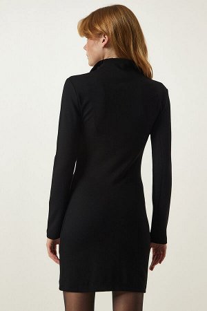 Черное мини-трикотажное платье с высоким воротником на молнии SF00014