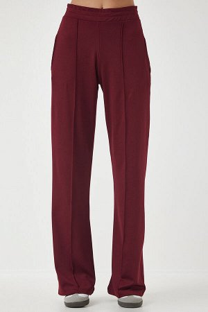 Женские бордовые брюки-палаццо с высокой талией BF00030