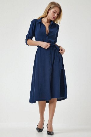 Женское темно-синее платье-рубашка с поясом DD01256