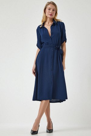 Женское темно-синее платье-рубашка с поясом DD01256