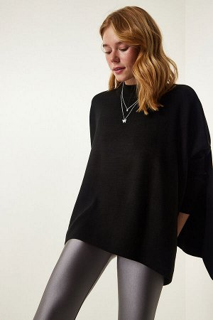 Черный трикотажный свитер-пончо с высоким воротником и разрезом ZA00074