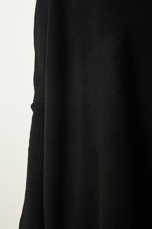Черный трикотажный свитер-пончо с высоким воротником и разрезом ZA00074