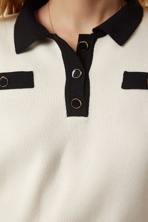 Женская кремовая трикотажная блузка с воротником-поло YY00197