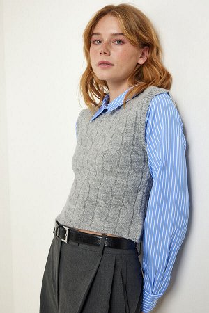 Женский сине-серый свитер с воротником-поло и полосатой рубашкой NS00399
