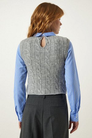 Женский сине-серый свитер с воротником-поло и полосатой рубашкой NS00399