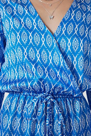 Женский стильный атласный комбинезон синего цвета с рисунком RG00004