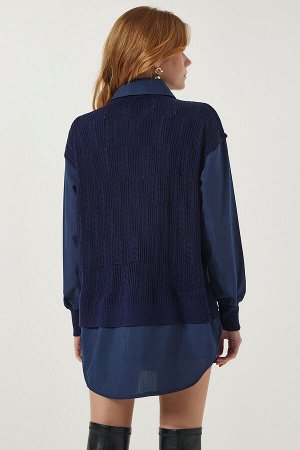 Женская темно-синяя рубашка, вязаный свитер оверсайз KJ00008