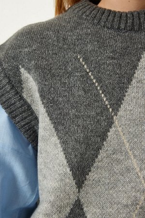 Серый трикотажный свитер с ромбовидным узором FN03170