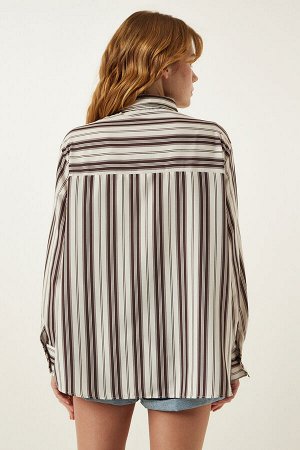 Женская кремово-коричневая полосатая трикотажная рубашка оверсайз SF00007