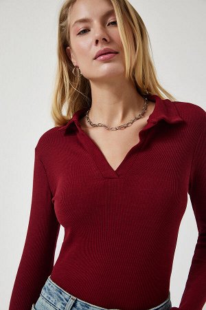 Женская бордово-красная трикотажная блузка с воротником-поло GT00111