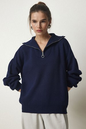 happinessistanbul Женский базовый трикотажный свитер темно-синего цвета с воротником-молнией PF00007