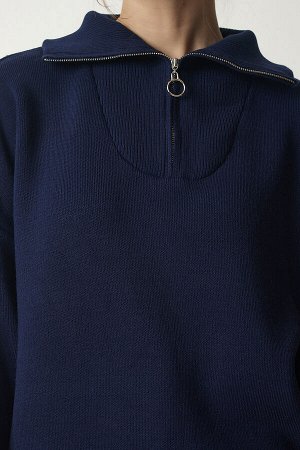 happinessistanbul Женский базовый трикотажный свитер темно-синего цвета с воротником-молнией PF00007